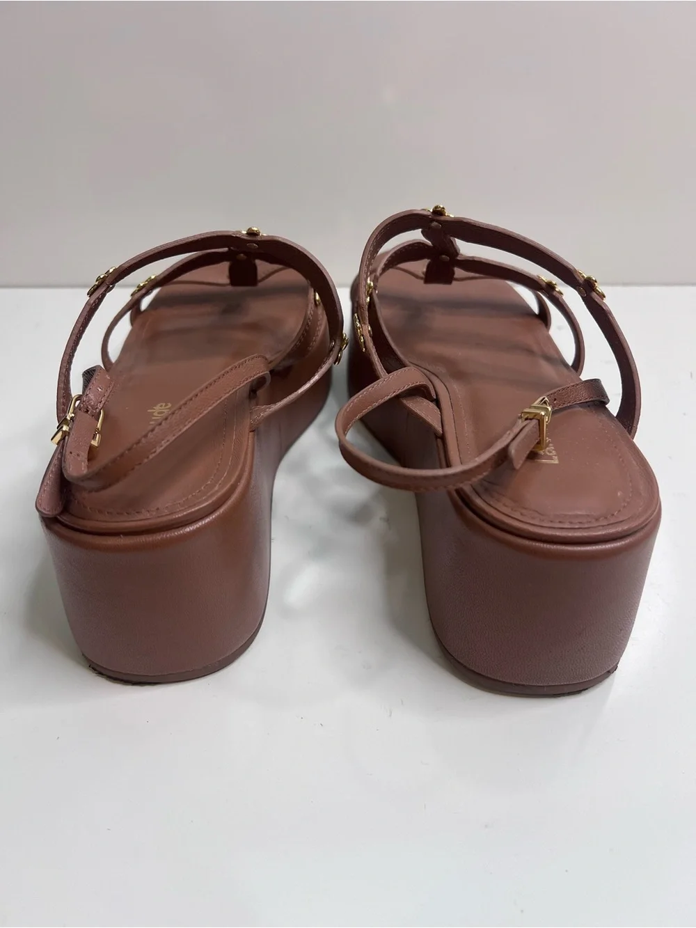 LARROUDE Harmony Platform Strappy Sandal with Gold Flower Accents Brown 8.5